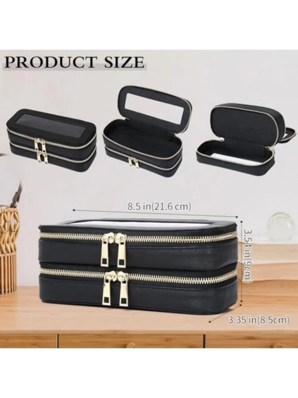 Stylish Double Layer Makeup Bag - Slim Design, Black, Perfect for Travel